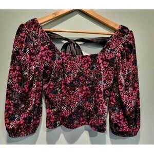 Black Pink Floral Velveteen 3/4 Puff Sleeve Crop Top Sz S Whimsigoth Fairygoth
